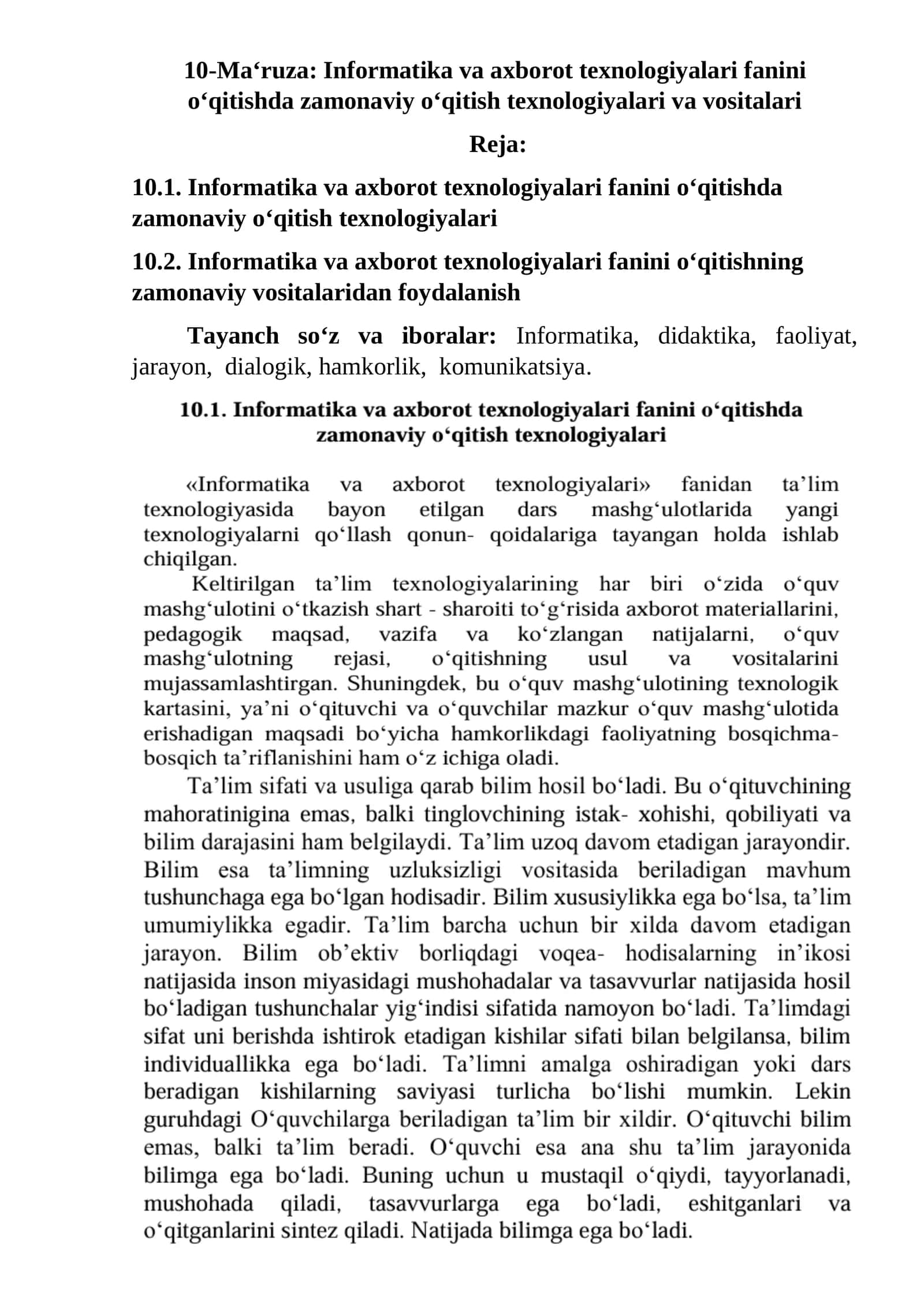 10-Ma‘ruza: Informatika va axborot texnologiyalari fanini o‘qitishda zamonaviy o‘qitish texnologiyalari va vositalari 1
