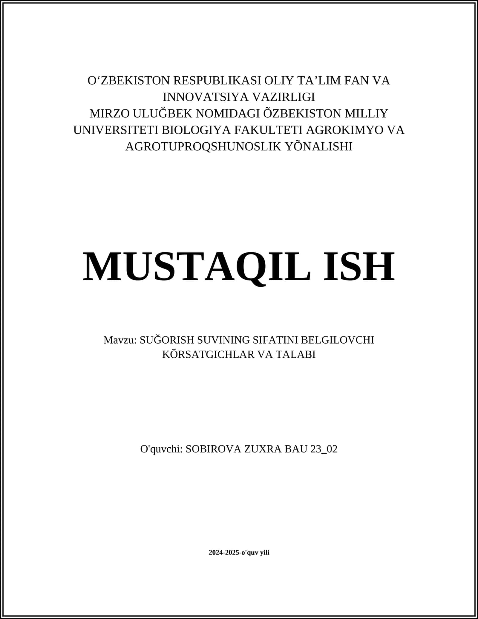 SUĞORISH SUVINING SIFATINI BELGILOVCHI KÕRSATGICHLAR VA TALABI 1