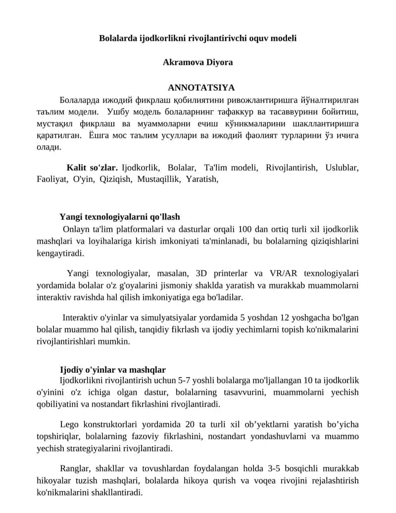 Bolalarda ijodkorlikni rivojlantirivchi oquv modeli 1