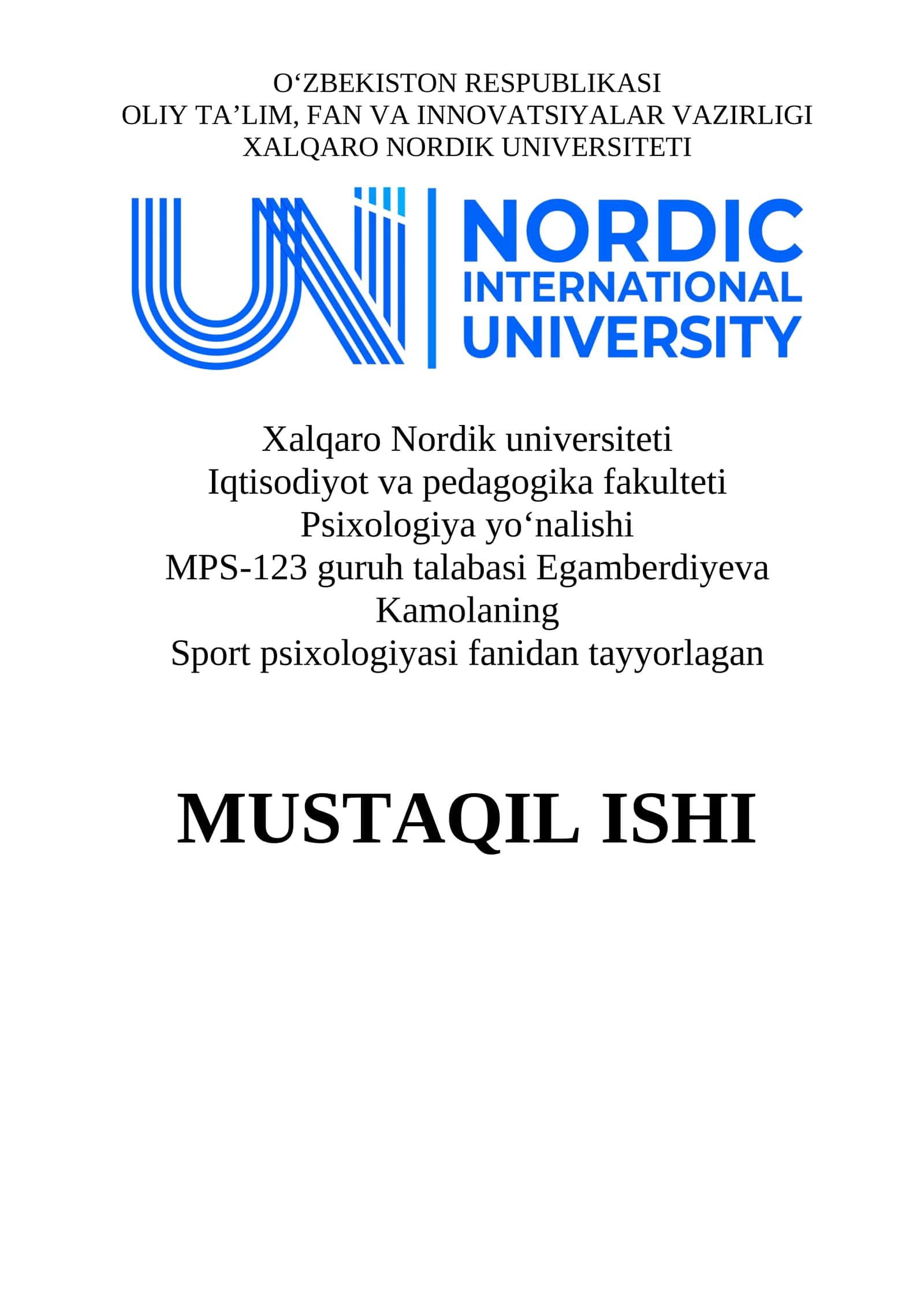 Sport psixologiyasi fanidan MUSTAQIL ISHI 1