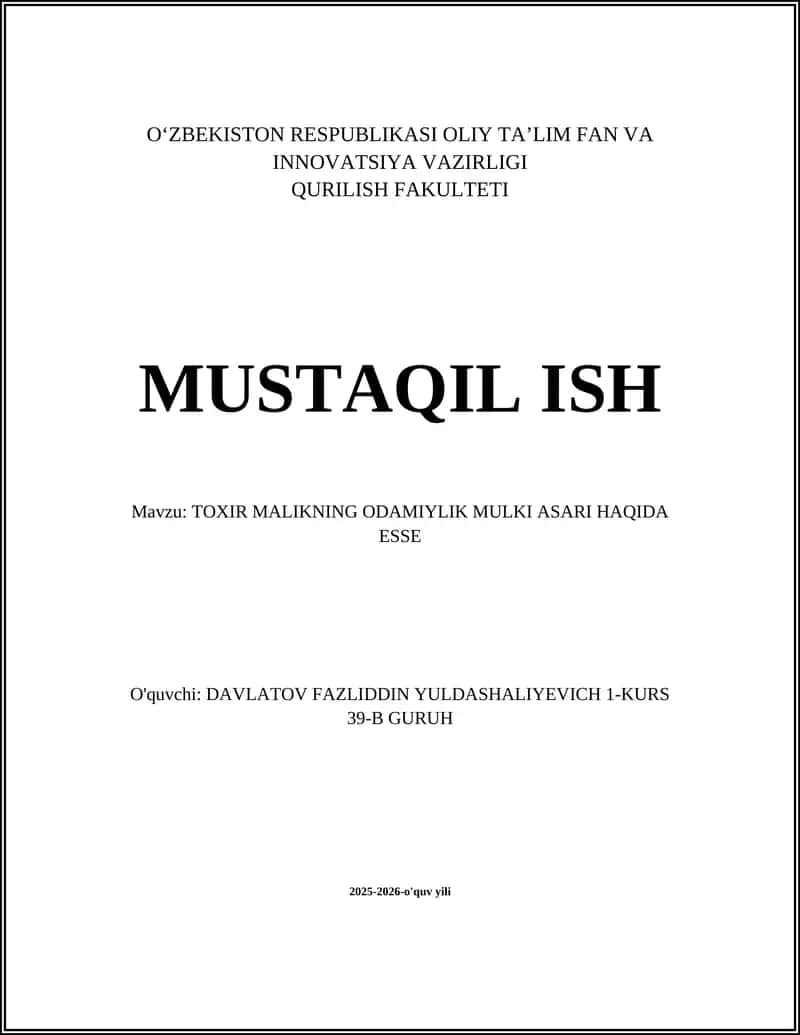 TOXIR MALIKNING ODAMIYLIK MULKI ASARI HAQIDA ESSE 1