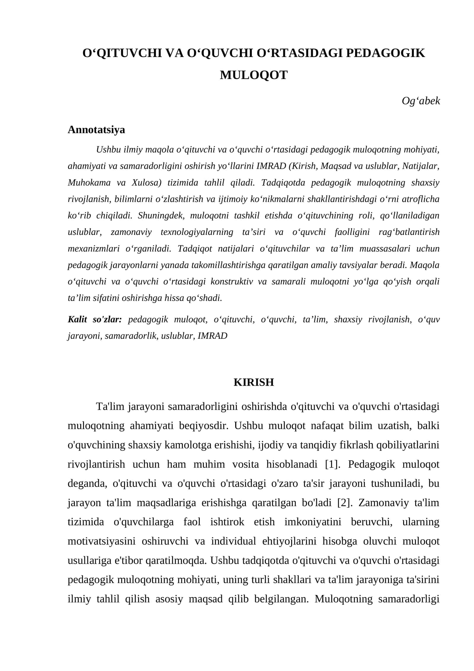 OʻQITUVCHI VA OʻQUVCHI OʻRTASIDAGI PEDAGOGIK MULOQOT 1