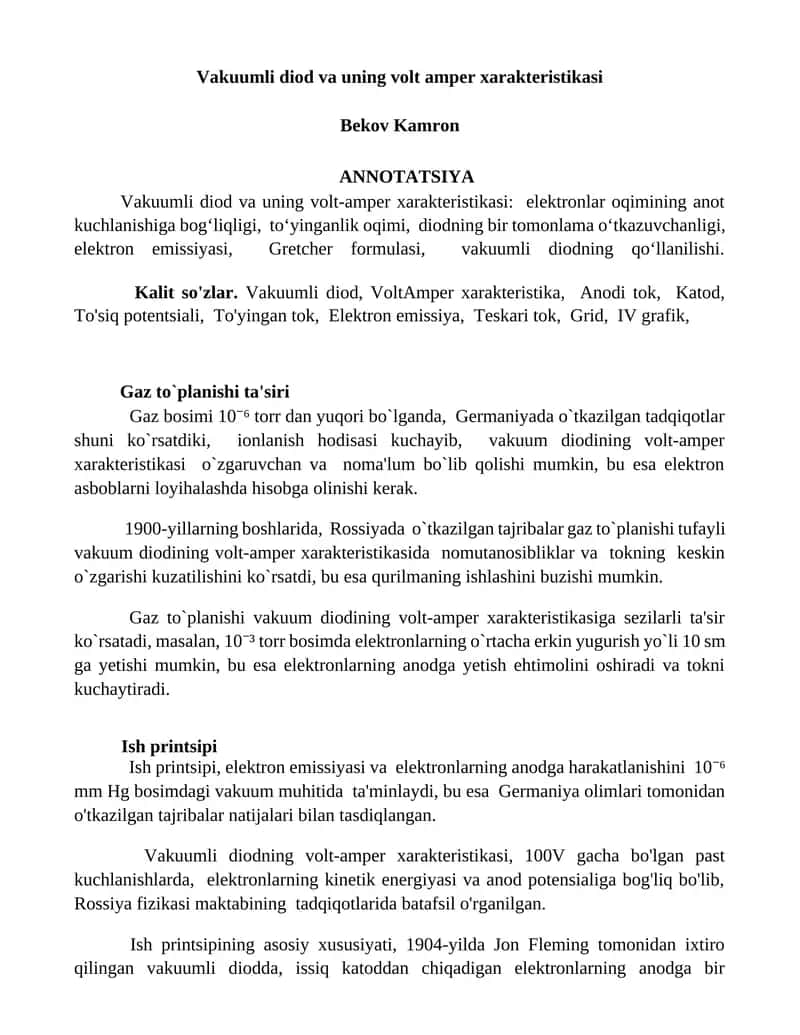 Vakuumli diod va uning volt amper xarakteristikasi 1
