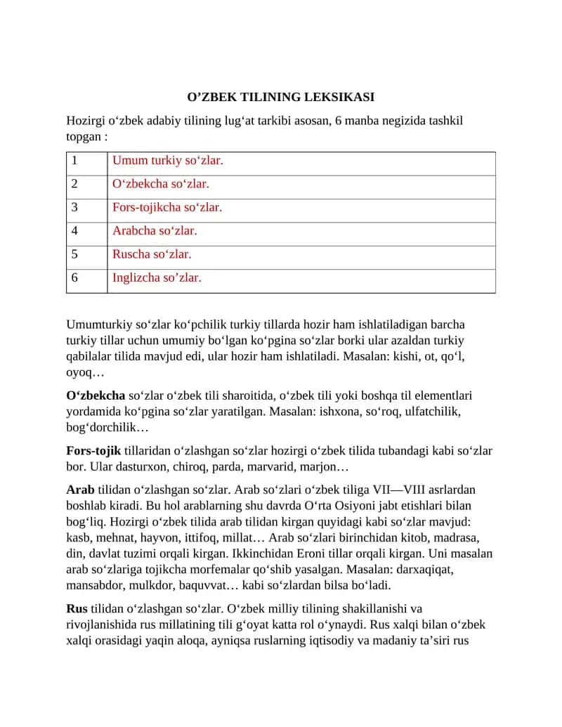 O’ZBEK TILINING LEKSIKASI 1