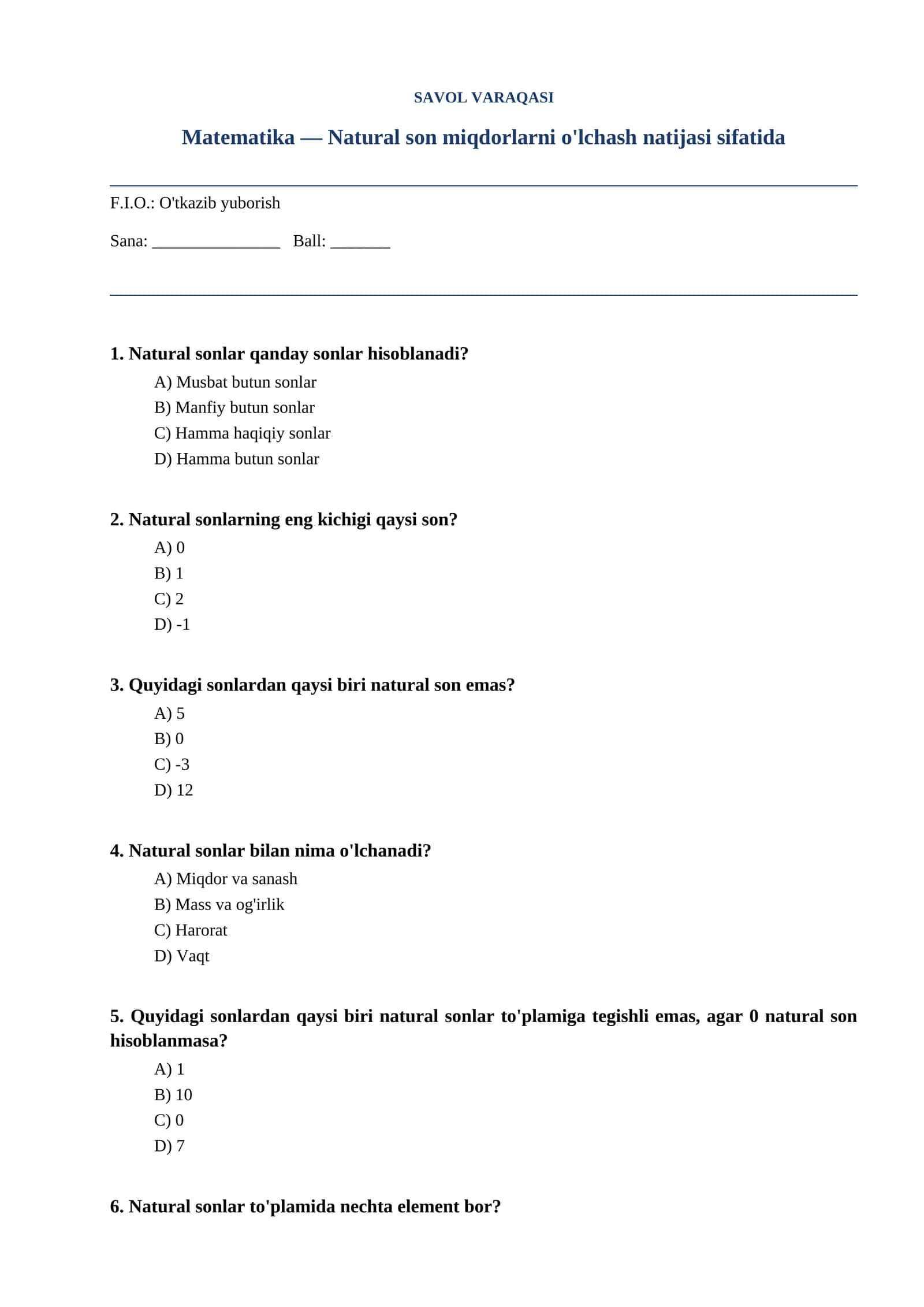 Matematika — Natural son miqdorlarni o'lchash natijasi sifatida 1