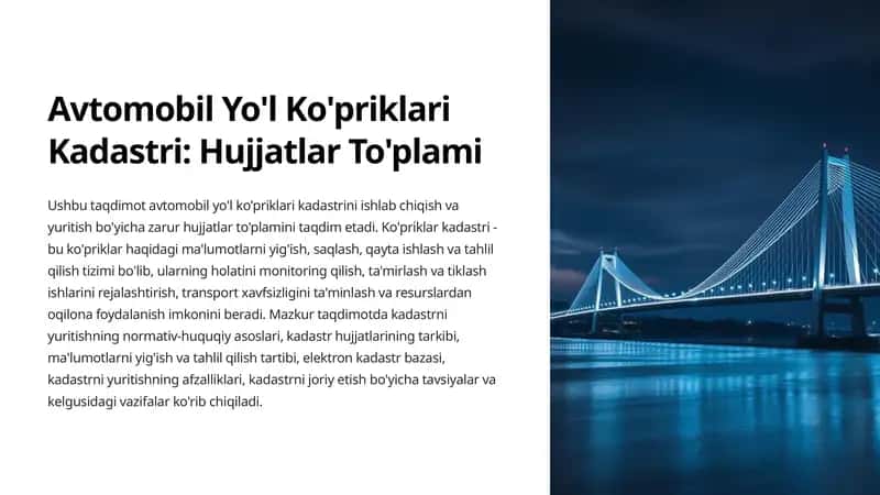 Avtomobil Yo'l Ko'priklari Kadastri: Hujjatlar To'plami 1