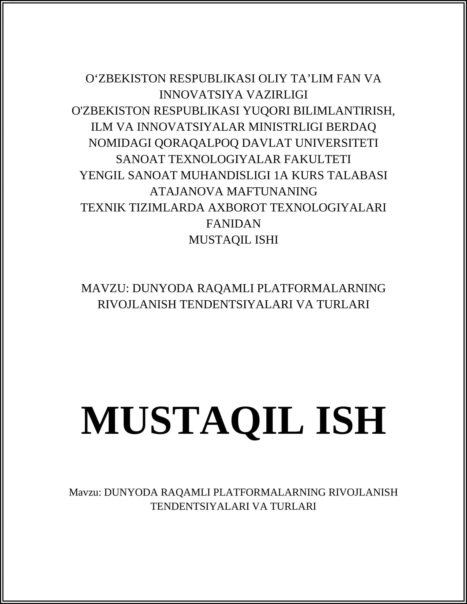 YENGIL SANOAT MUHANDISLIGI 1A KURS TALABASI ATAJANOVA MAFTUNANING 1
