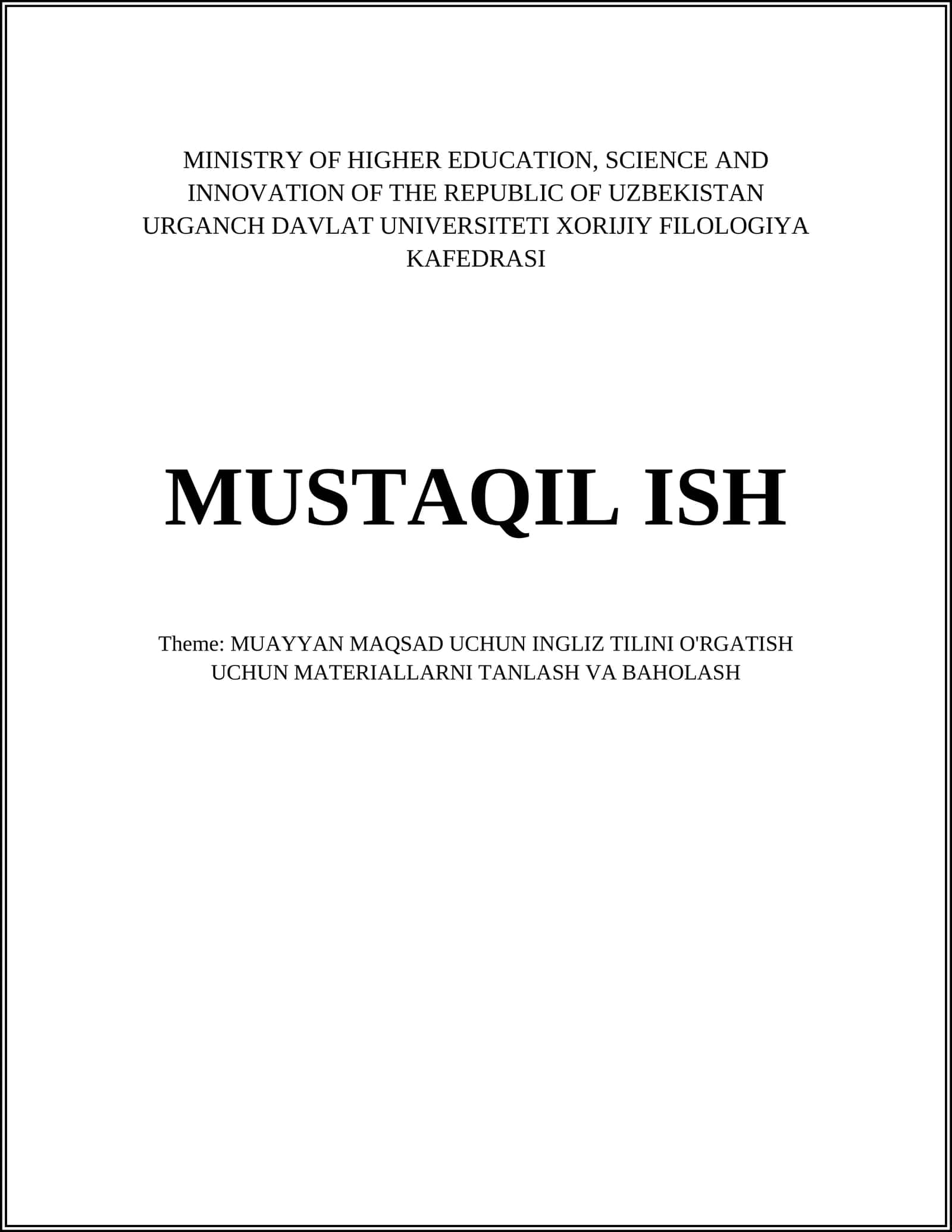 MUAYYAN MAQSAD UCHUN INGLIZ TILINI O'RGATISH UCHUN MATERIALLARNI TANLASH VA BAHOLASH 1