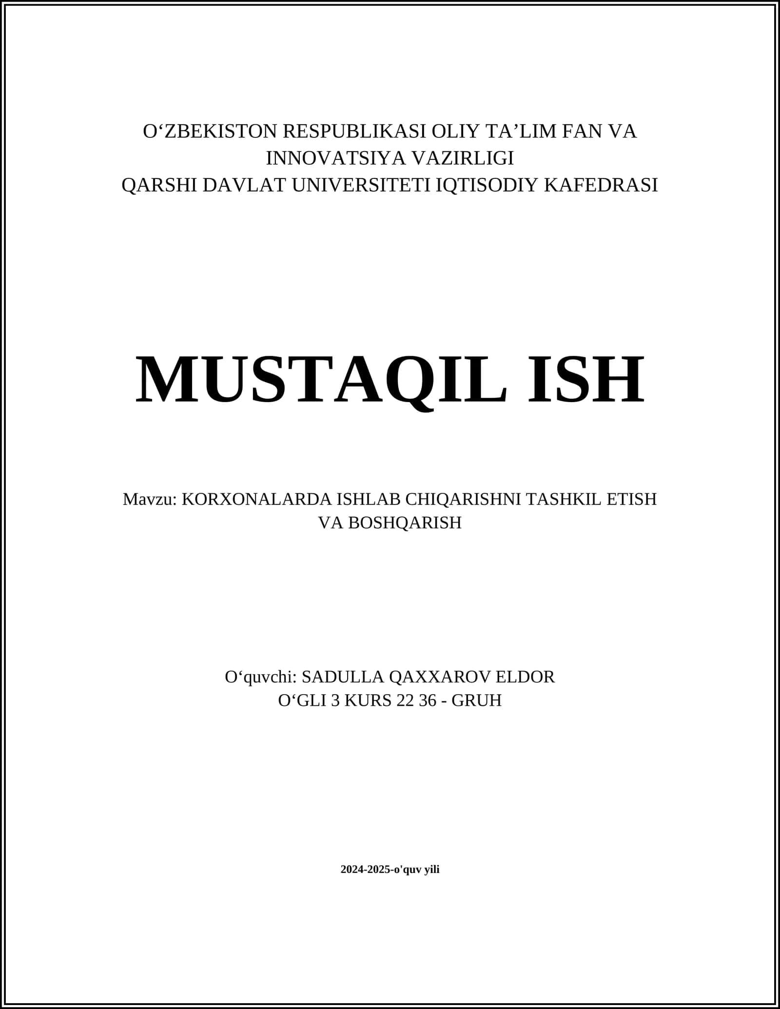KORXONALARDA ISHLAB CHIQARISHNI TASHKIL ETISH VA BOSHQARISH 1