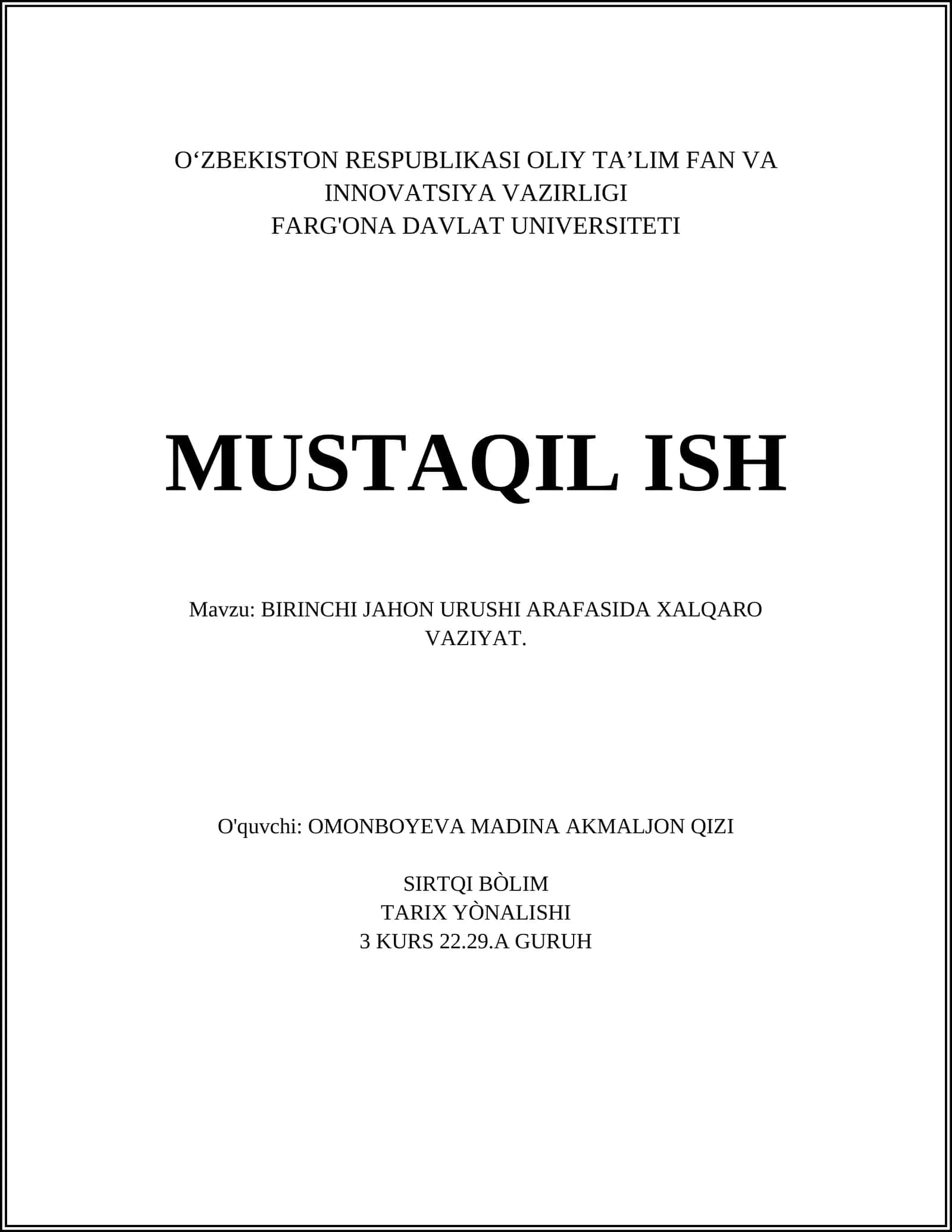 BIRINCHI JAHON URUSHI ARAFASIDA XALQARO VAZIYAT 1