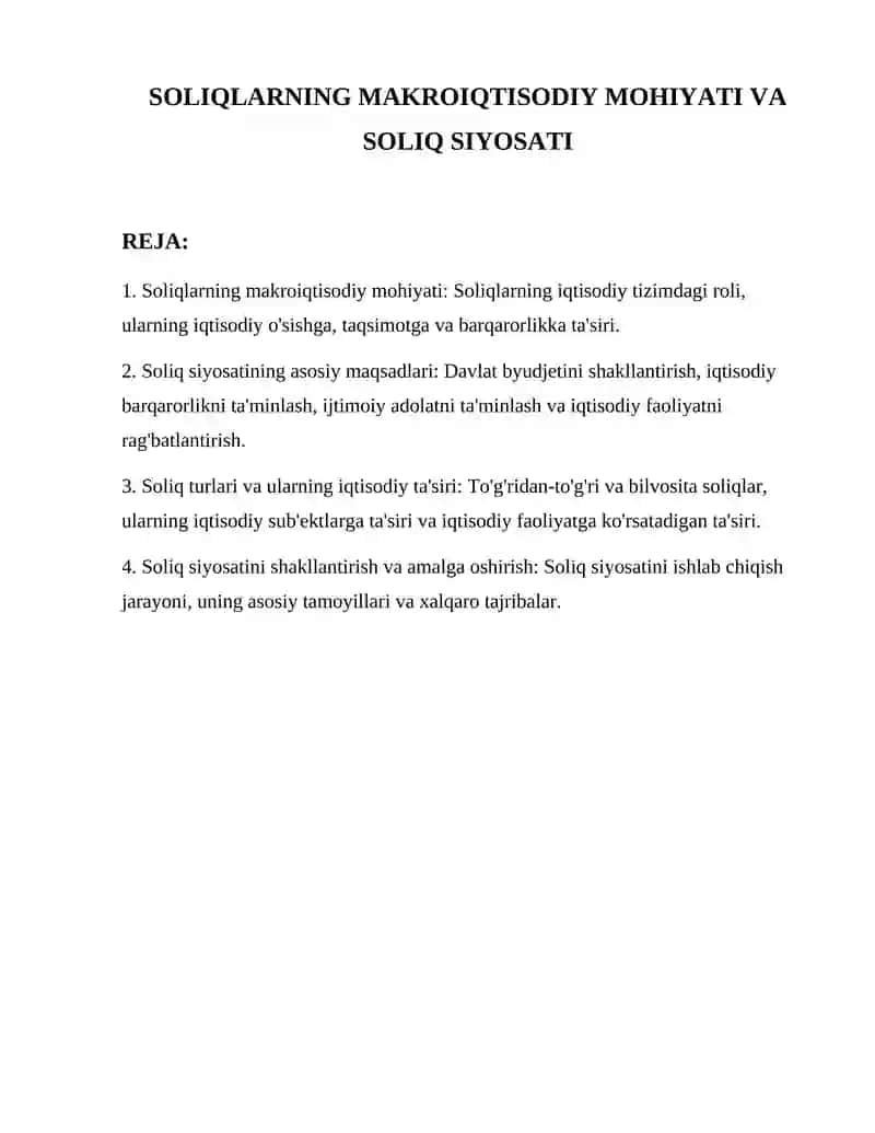 Soliqlarning Makroiqtisodiy Mohiyati va Soliq Siyosati