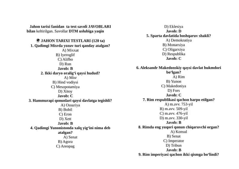 JAHON TARIXI TESTLARI (120 ta) 1