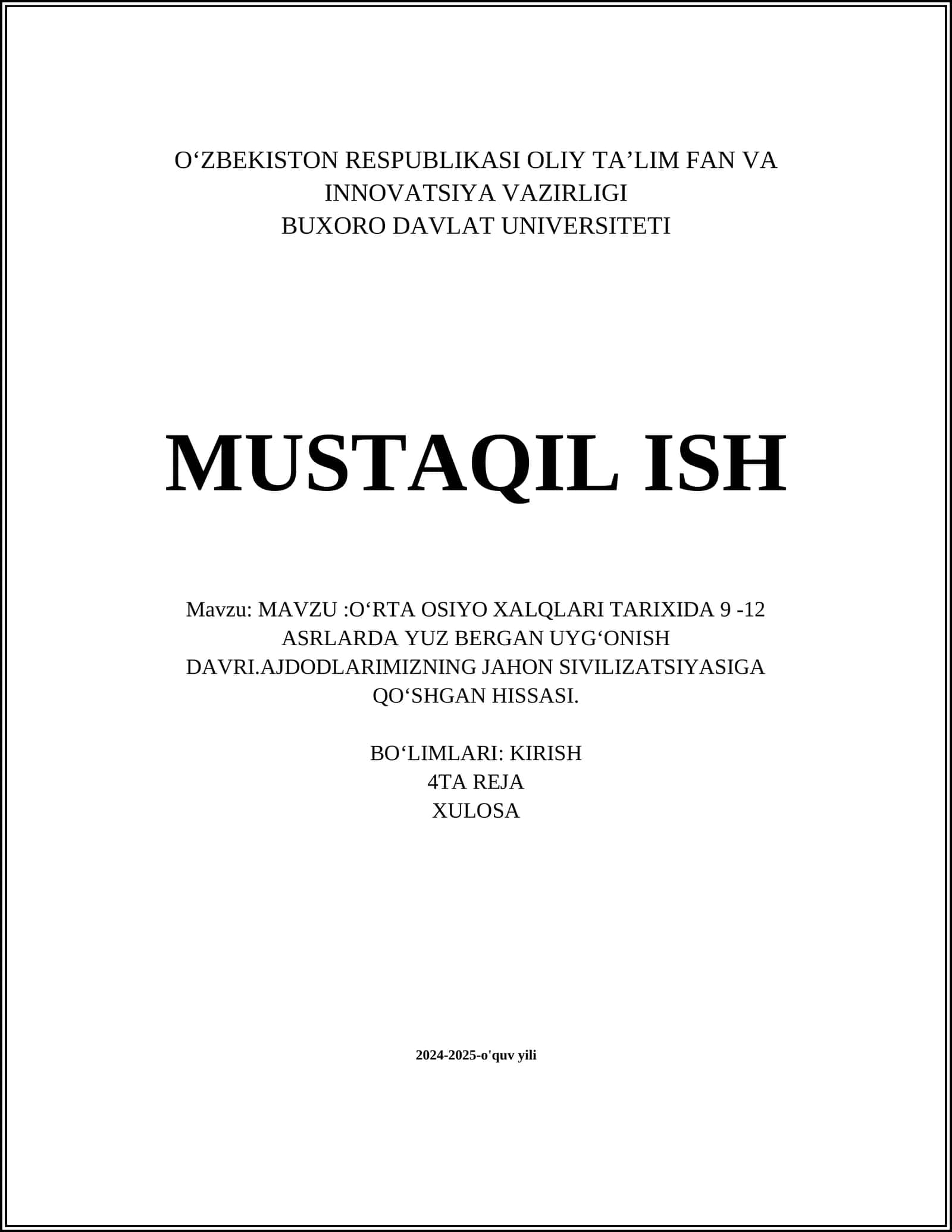 O'RTA OSIYO XALQLARI TARIXIDA 9 -12 ASRLARDA YUZ BERGAN UYG'ONISH DAVRI.AJDODLARIMIZNING JAHON SIVILIZATSIYASIGA QO’SHGAN HISSASI 1