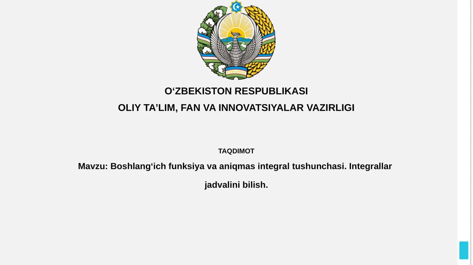 Boshlang‘ichfunksiyavaaniqmasintegraltushunchasi.Integrallarjadvalinibilish 1