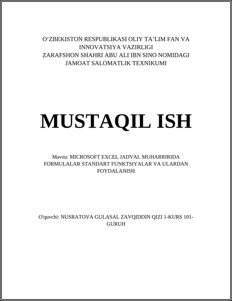 MICROSOFT EXCEL JADVAL MUHARRIRIDA FORMULALAR STANDART FUNKTSIYALAR VA ULARDAN FOYDALANISH 1
