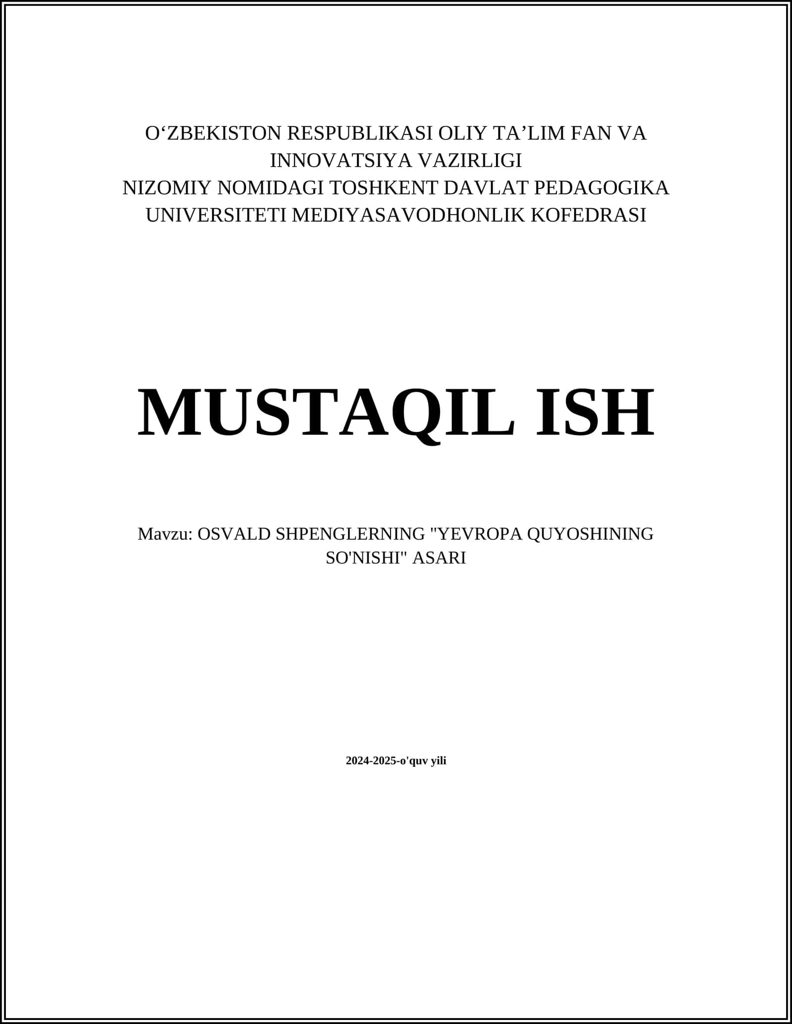 OSVALD SHPENGLERNING "YEVROPA QUYOSHINING SO'NISHI" ASARI 1