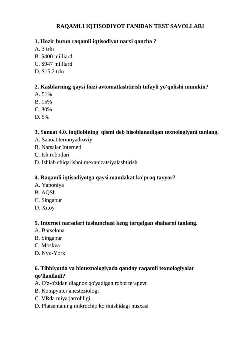 RAQAMLI IQTISODIYOT FANIDAN TEST SAVOLLARI 1