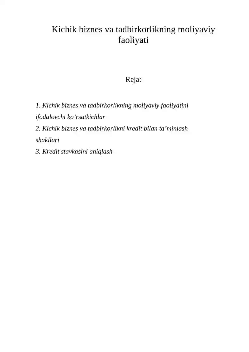 Kichik biznes va tadbirkorlikning moliyaviy faoliyati