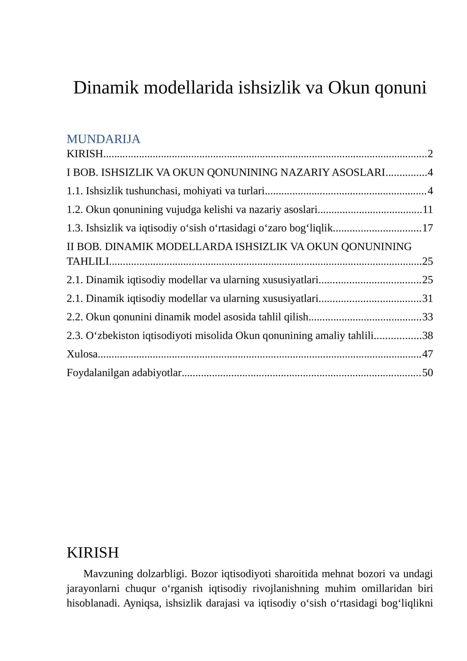 Dinamik modellarida ishsizlik va Okun qonuni 1
