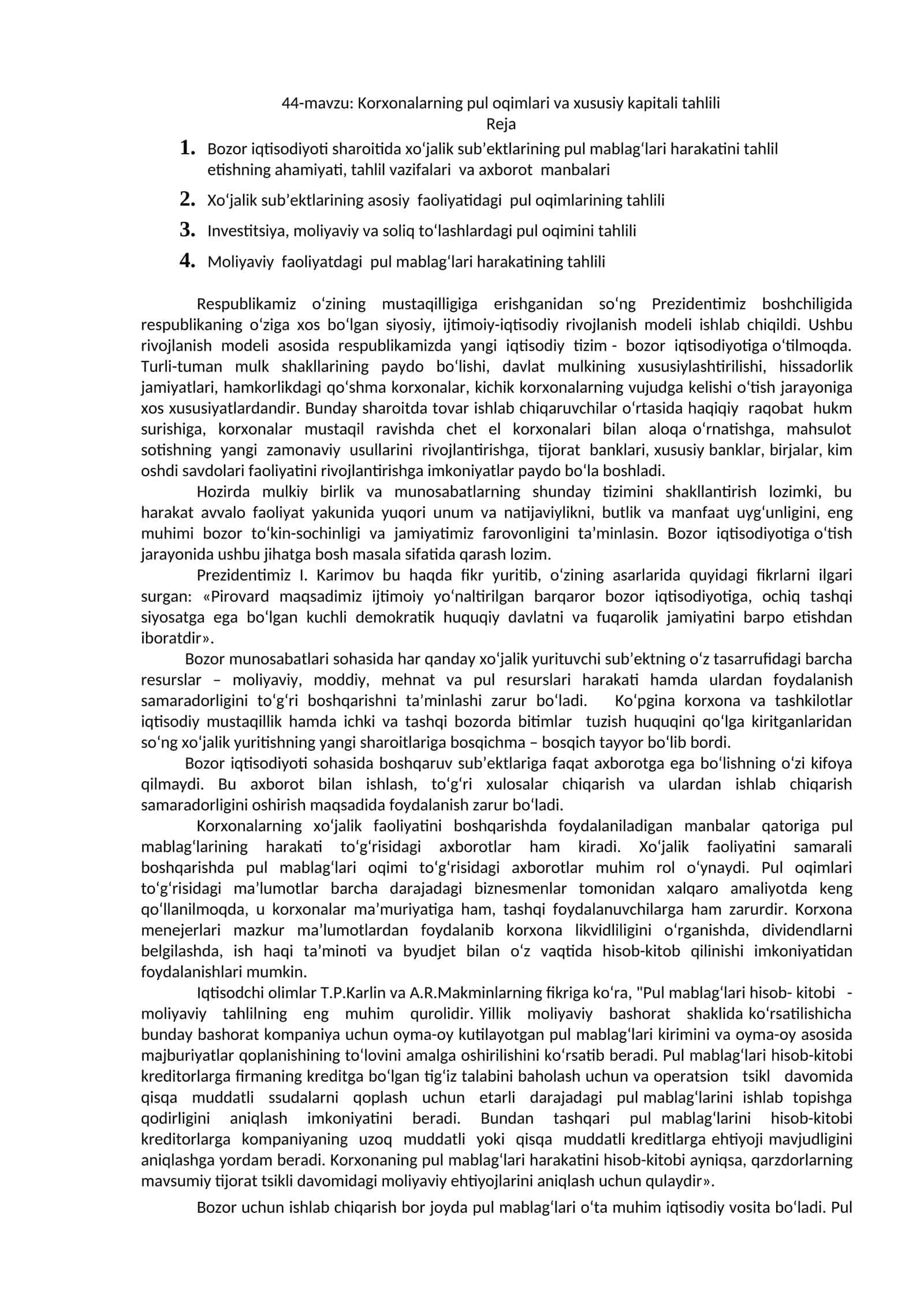 Korxonalarning pul oqimlari va xususiy kapitali tahlili 1