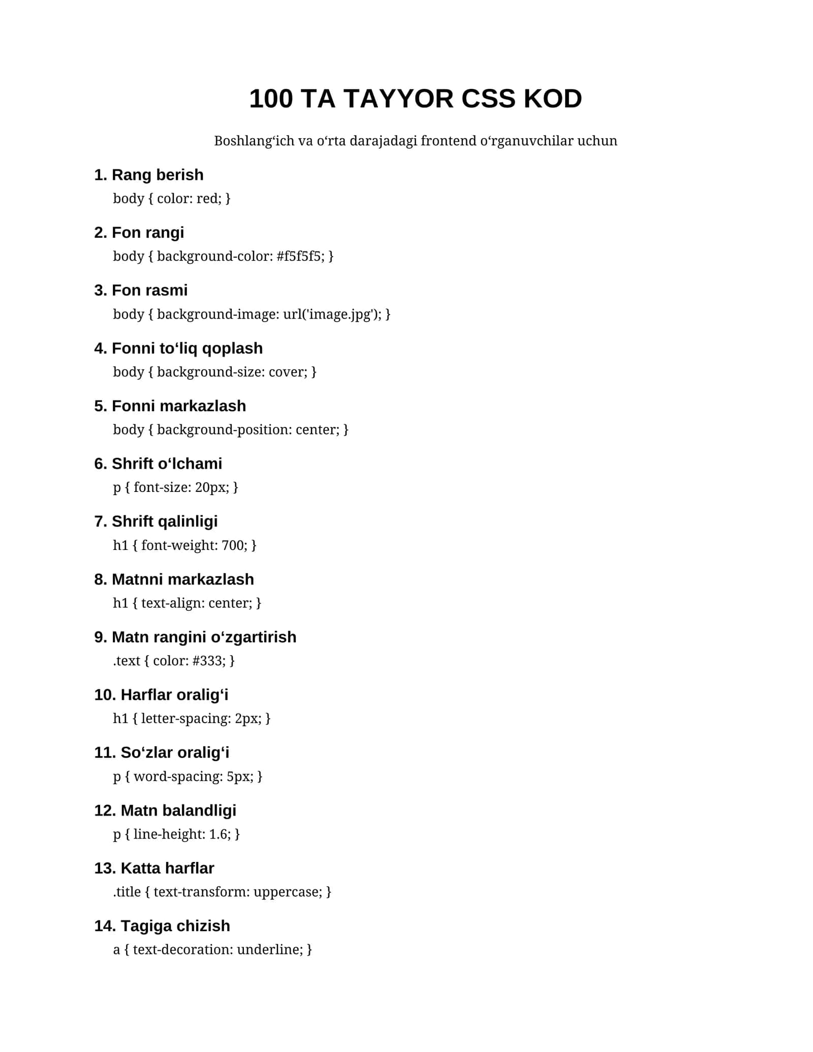 `100 ta tayyor CSS kod — HTML/CSS Frontend 1