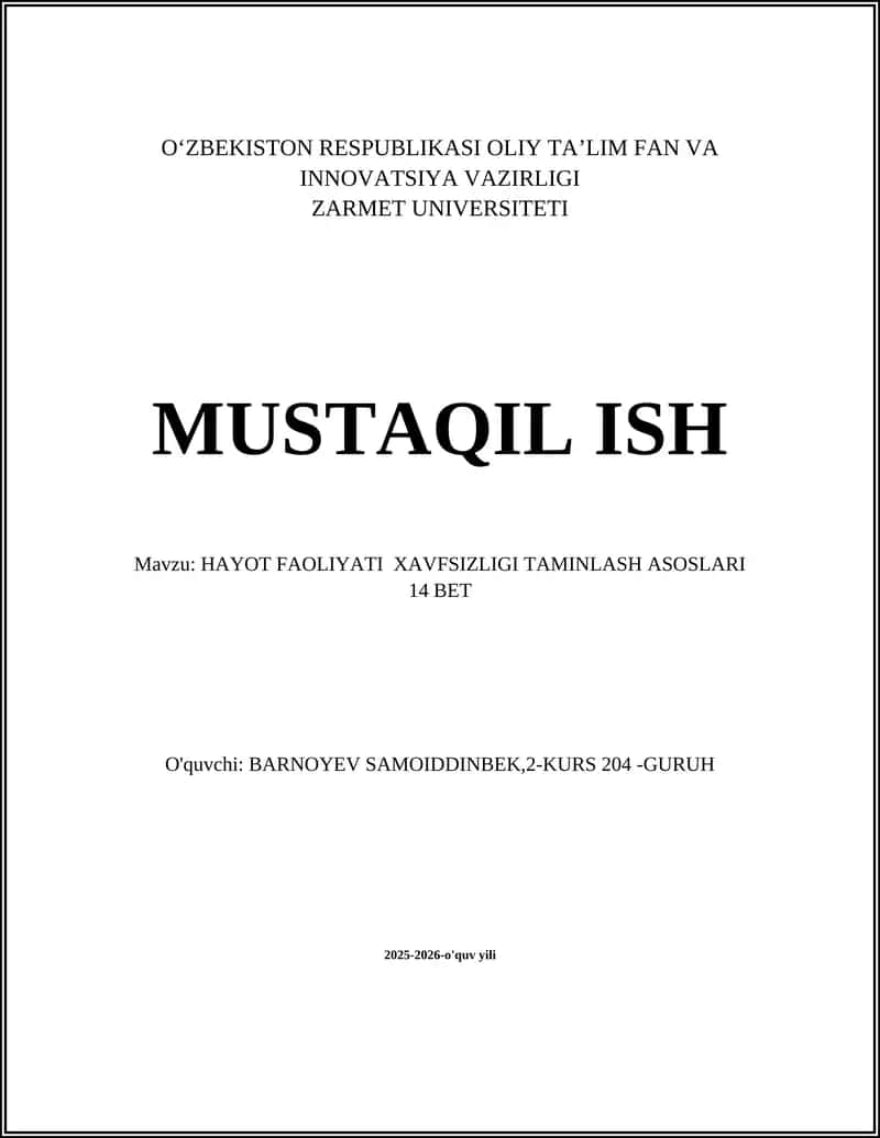 HAYOT FAOLIYATI XAVFSIZLIGI TAMINLASH ASOSLARI 14 BET 1