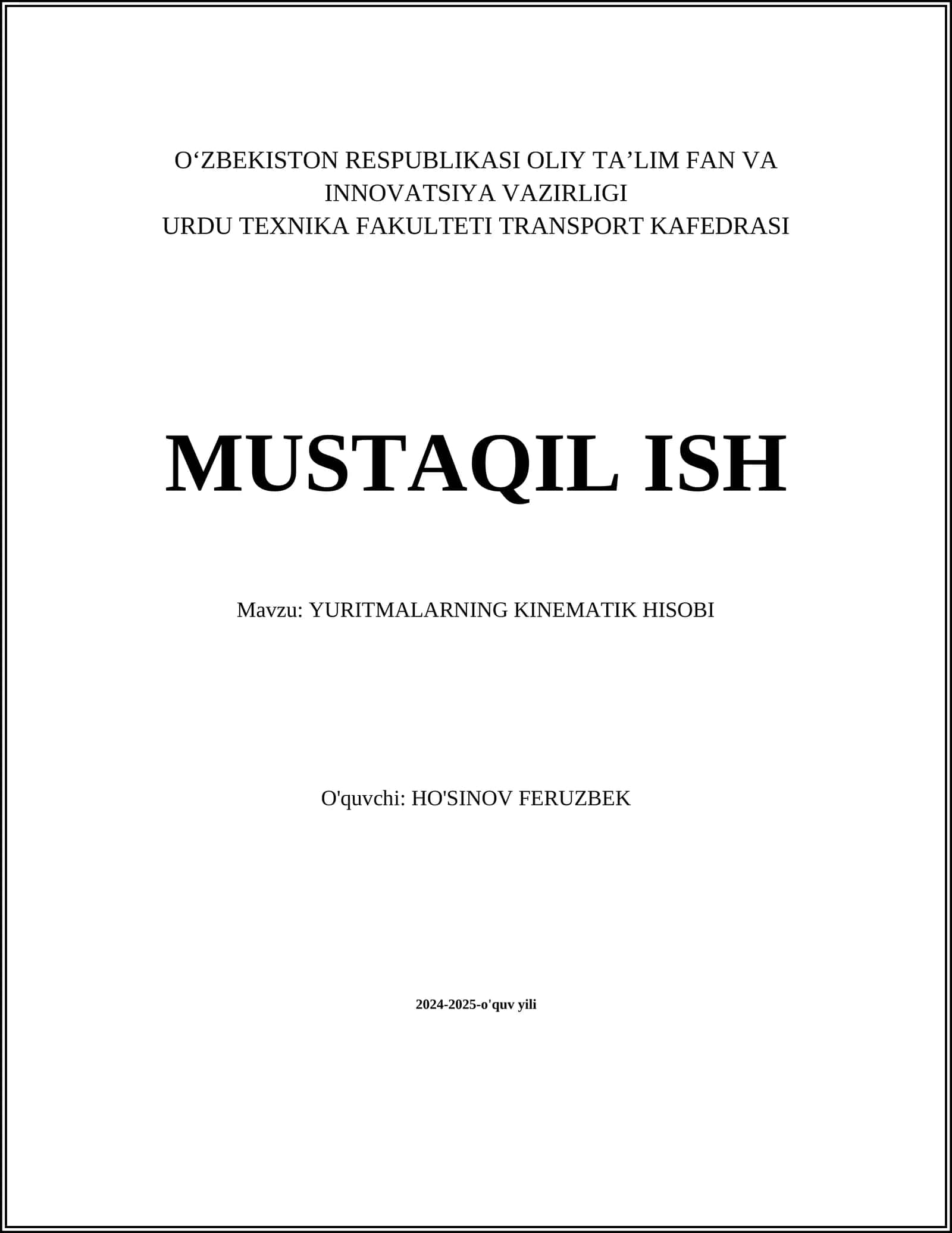 MUSTAQIL ISH - YURITMALARNING KINEMATIK HISOBI 1
