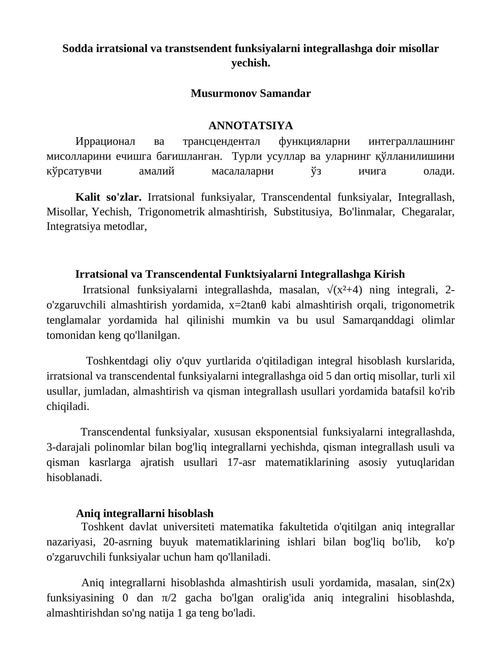 Irratsional va Transcendental Funktsiyalarni Integrallashga Kirish 1