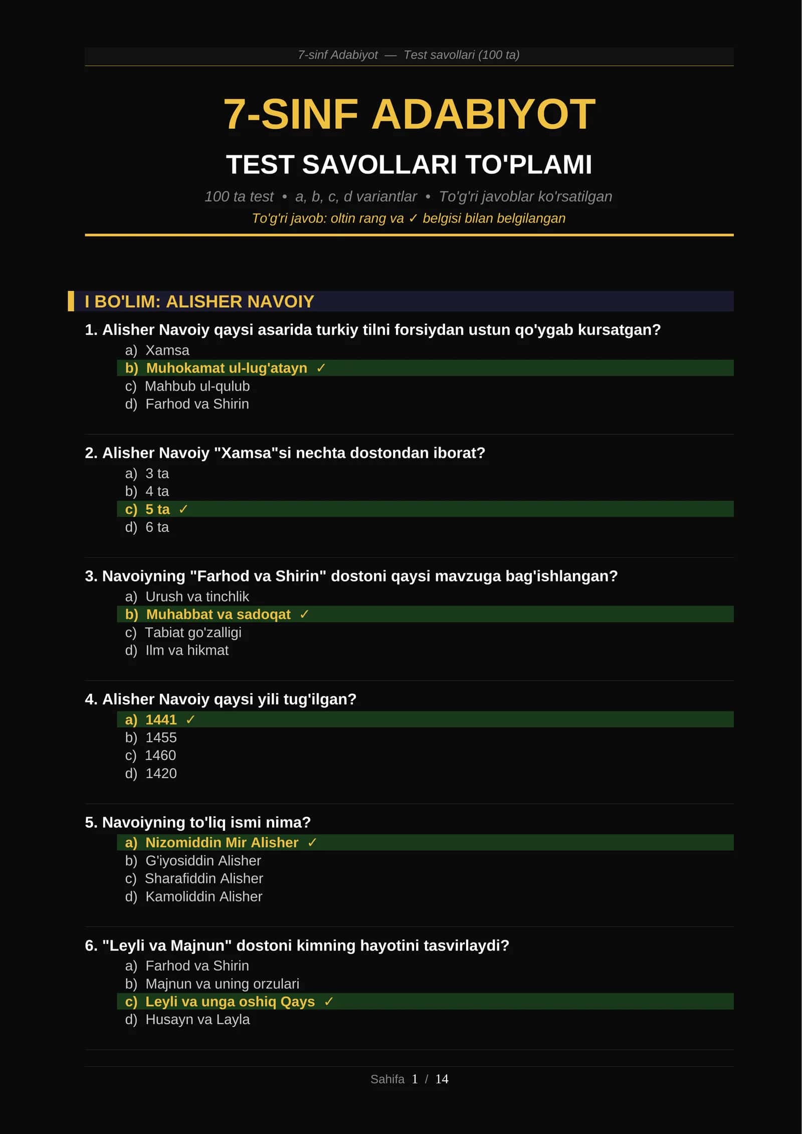 7-sinf Adabiyot — Test savollari (100 ta) 1