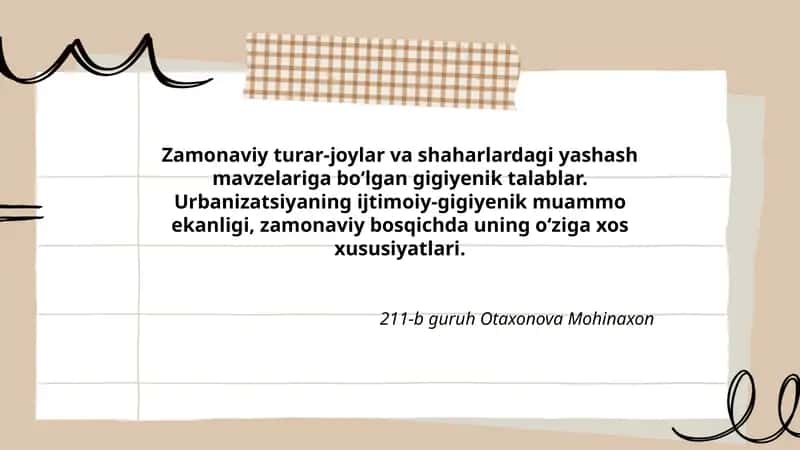 Zamonaviy turar-joylar va shaharlardagi yashash mavzelariga bо‘lgan gigiyenik talablar 1