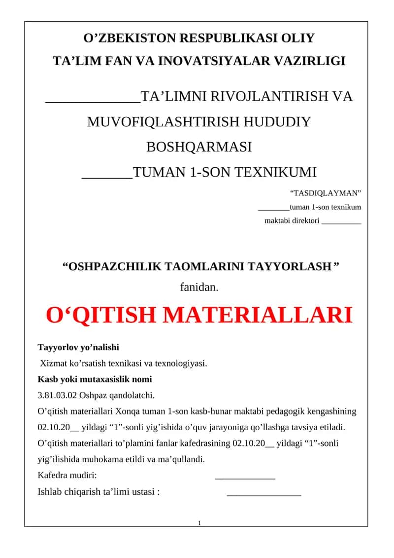 Oshpazchilik taomlarini tayyorlash texnologiyasi 1
