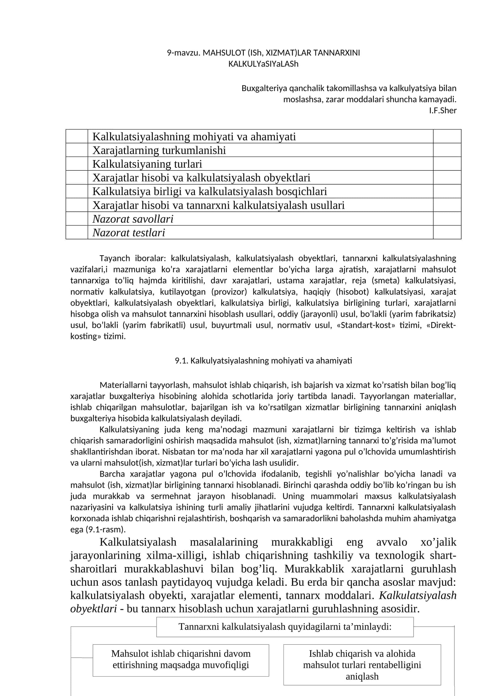 MAHSULOT (ISh, XIZMAT)LAR TANNARXINI KALKULYaSIYaLASh 1