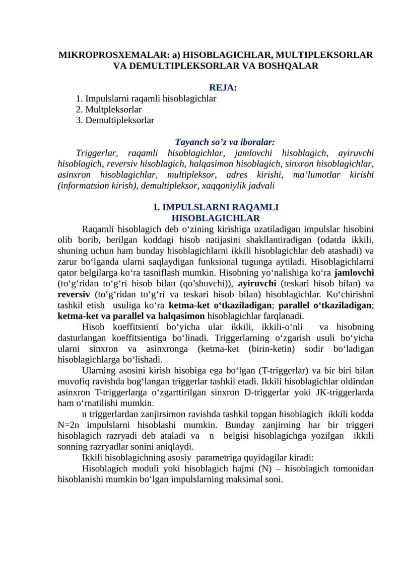 MIKROPROSXEMALAR: a) HISOBLAGICHLAR, MULTIPLEKSORLAR VA DEMULTIPLEKSORLAR VA BOSHQALAR 1