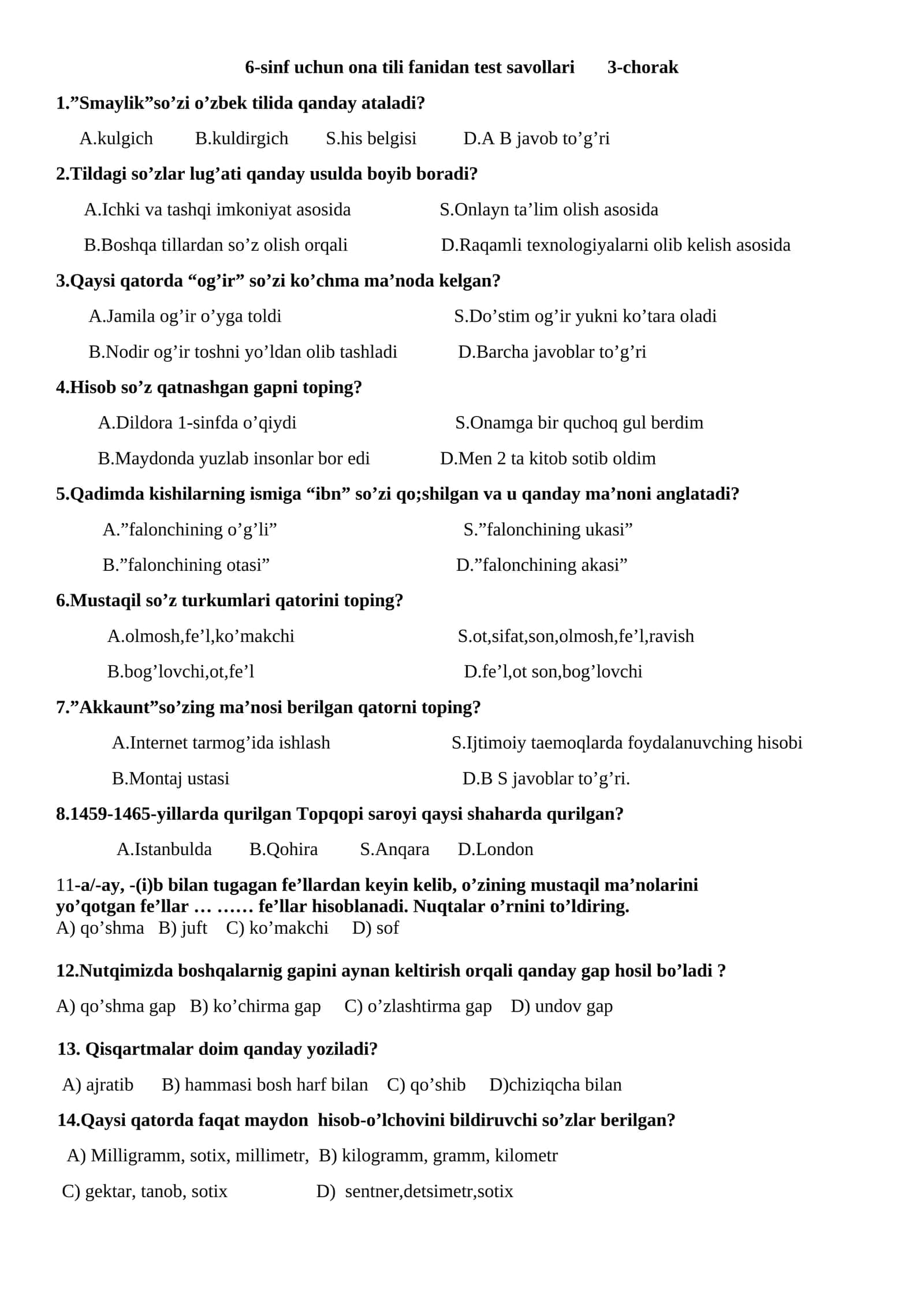 6-sinf uchun ona tili fanidan test savollari 3-chorak 1