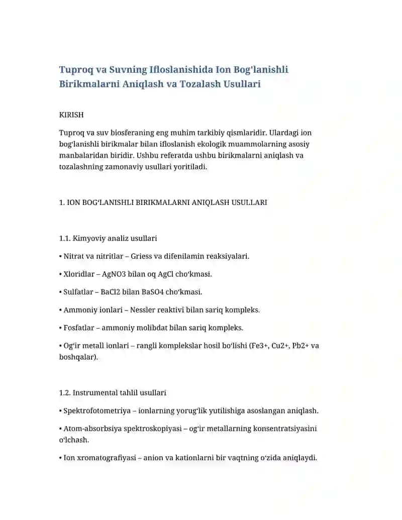 Tuproq va Suvning Ifloslanishida Ion Bog'lanishli Birikmalarni Aniqlash va Tozalash Usullari