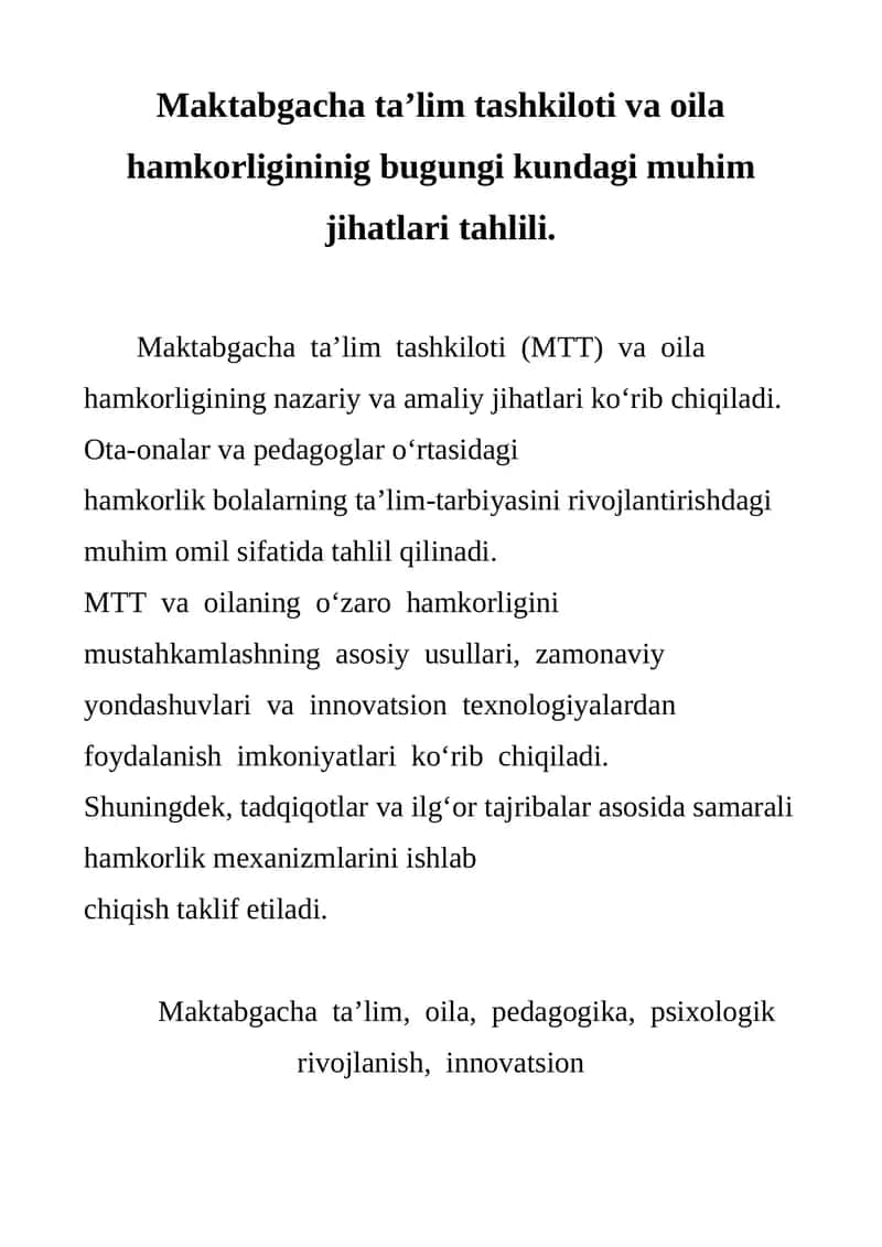 Maktabgacha ta’lim tashkiloti va oila hamkorligininig bugungi kundagi muhim jihatlari tahlili 1