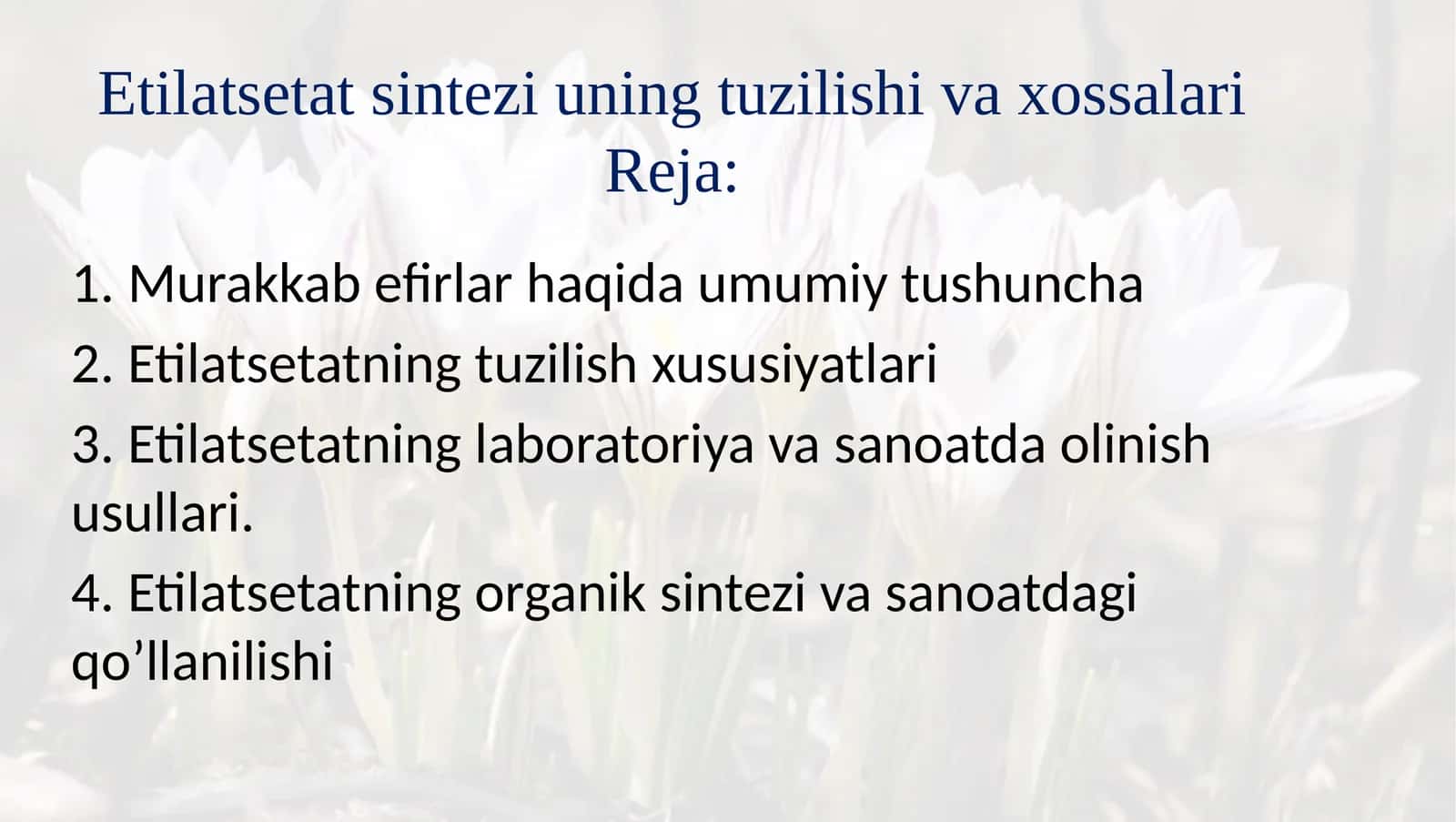 Etilatsetat sintezi uning tuzilishi va xossalari 1