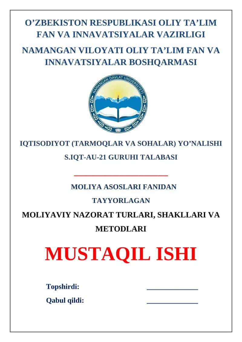 Moliyaviy nazorat turlari, shakllari va metodlari 1