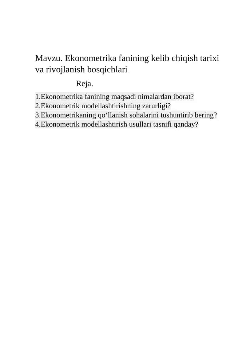 Ekonometrika fanining kelib chiqish tarixi va rivojlanish bosqichlari 1