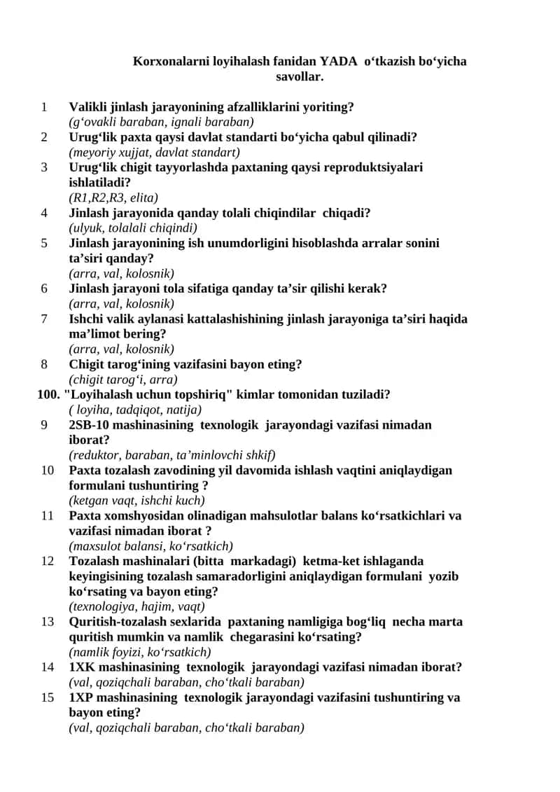 Korxonalarni loyihalash fanidan YADA o‘tkazish bo‘yicha savollar 1