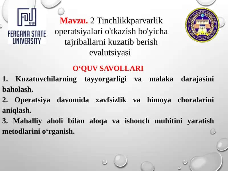 Tinchlikkparvarlik operatsiyalari o'tkazish bo'yicha tajriballarni kuzatib berish evalutsiyasi 1