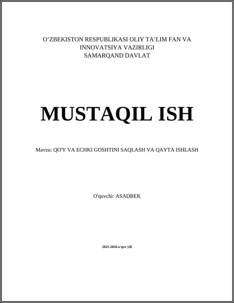 Qo'Y VA ECHKI GOSHTINI SAQLASH VA QAYTA ISHLASH 1