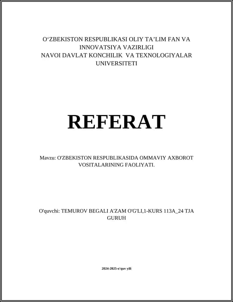 O'ZBEKISTON RESPUBLIKASIDA OMMAVIY AXBOROT VOSITALARINING FAOLIYATI. 1