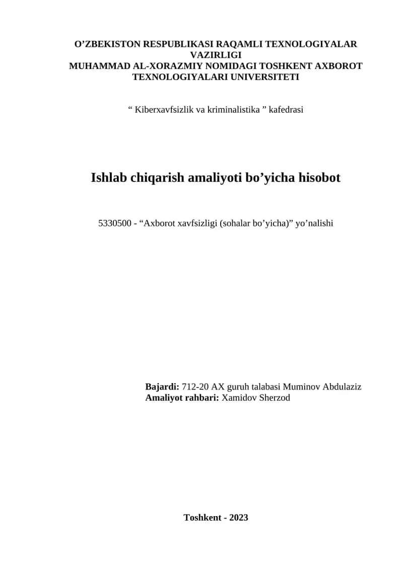 "Axborot xavfsizligi (sohalar bo’yicha)" yo’nalishi 1