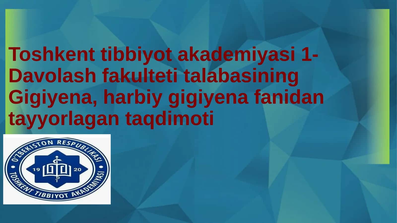 Gigiyena, harbiy gigiyena fanidan tayyorlagan taqdimoti 1