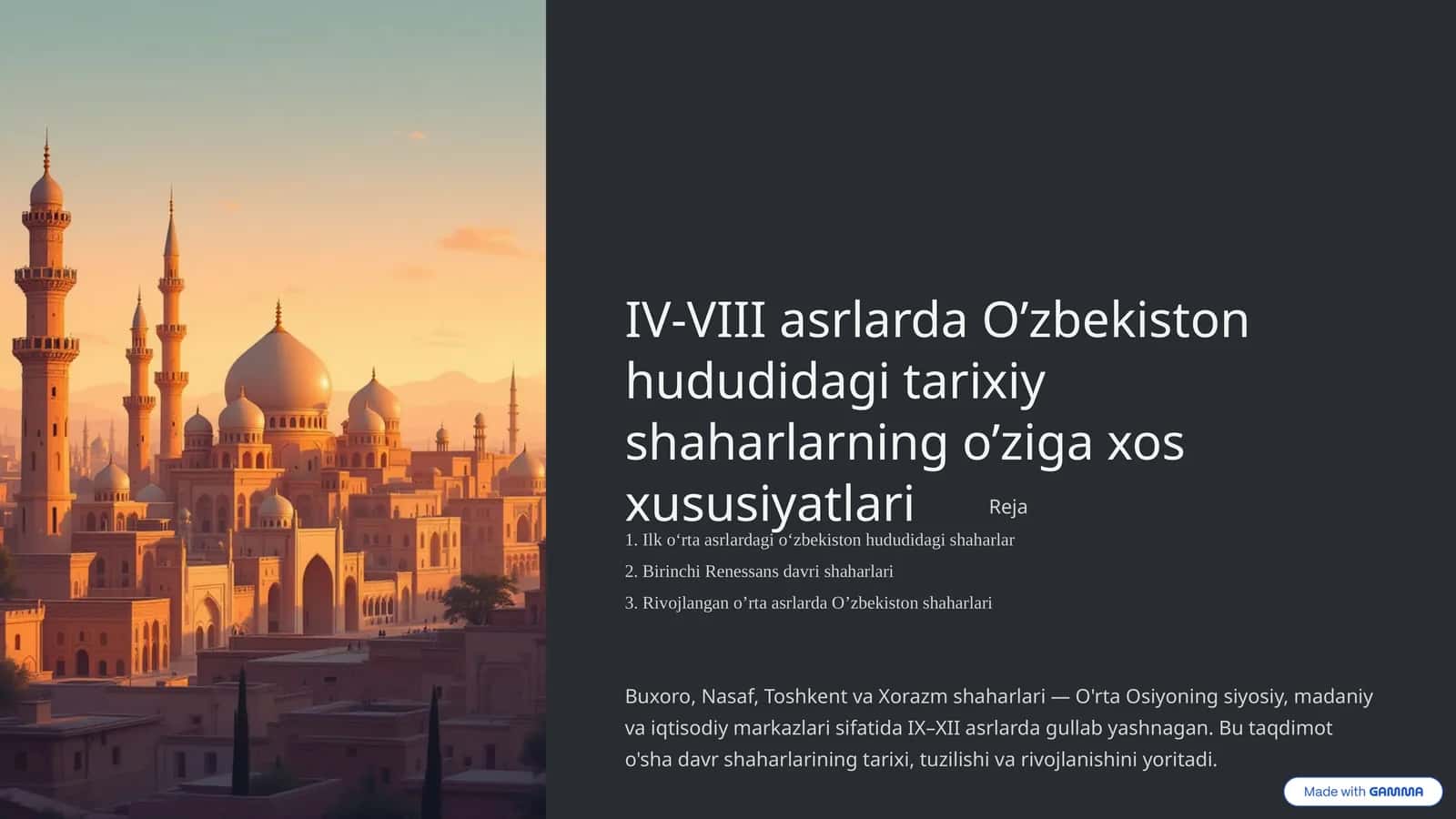 IV-VIII asrlarda O’zbekiston hududidagi tarixiy shaharlarning o’ziga xos xususiyatlari 1