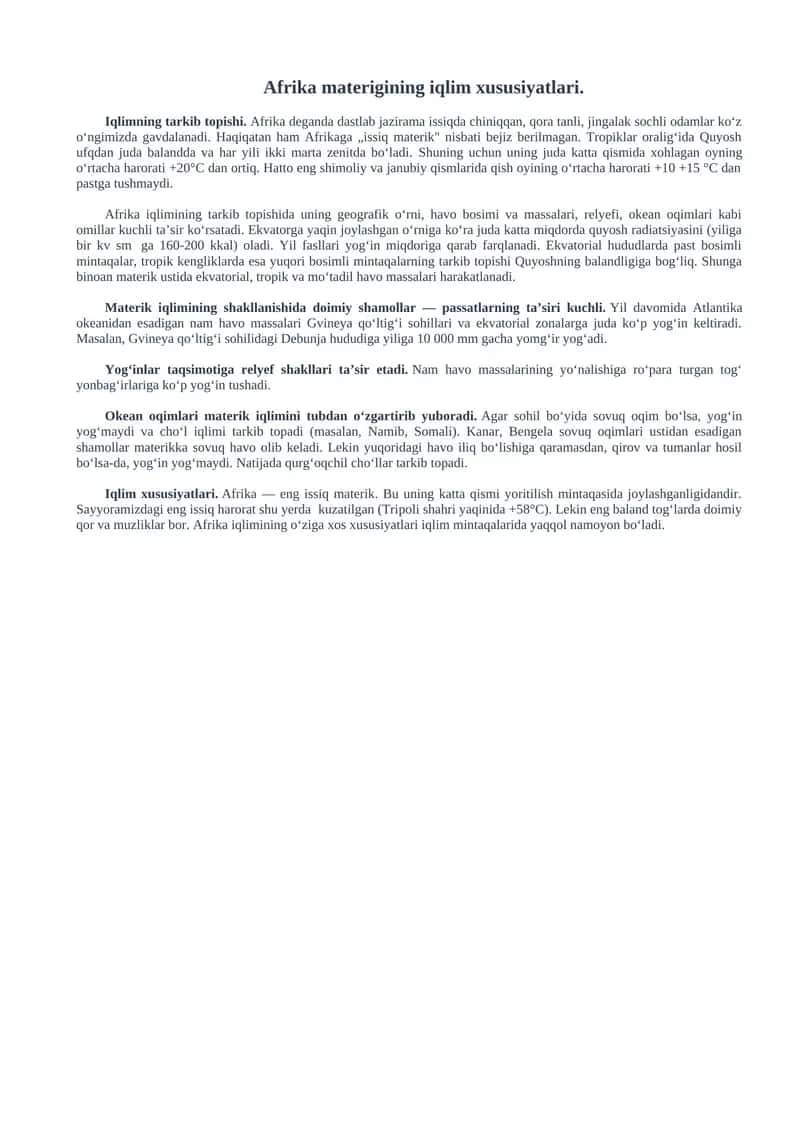 Afrika materigining iqlim xususiyatlari 1