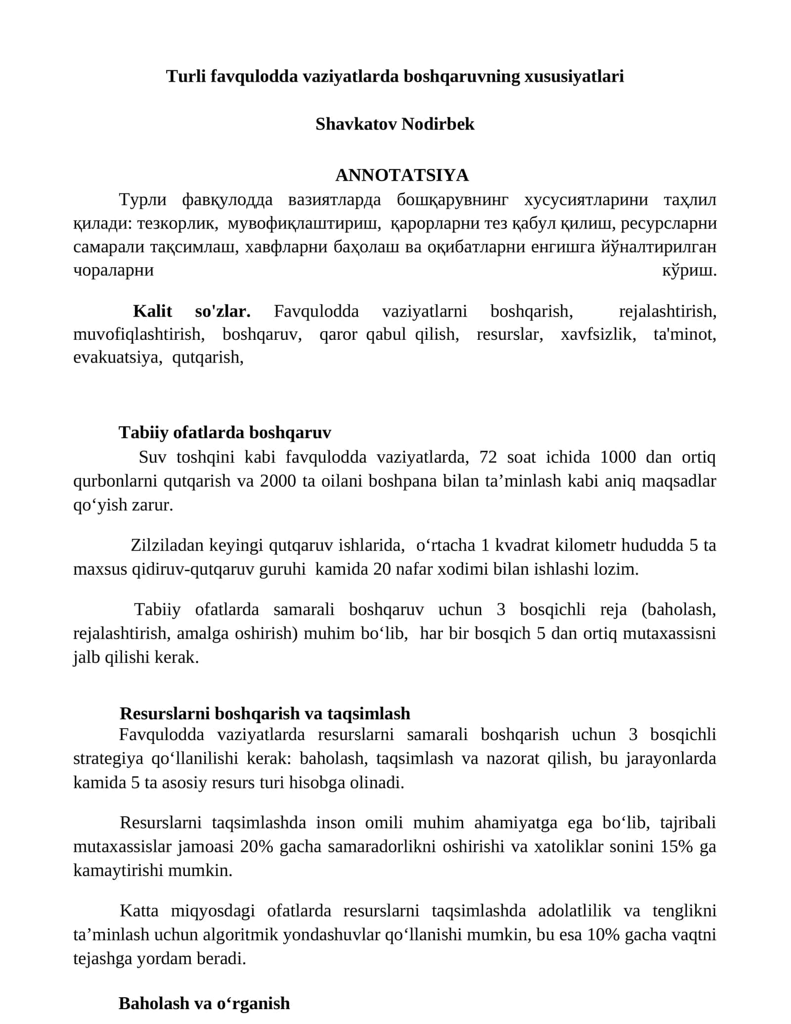 Turli favqulodda vaziyatlarda boshqaruvning xususiyatlari 1
