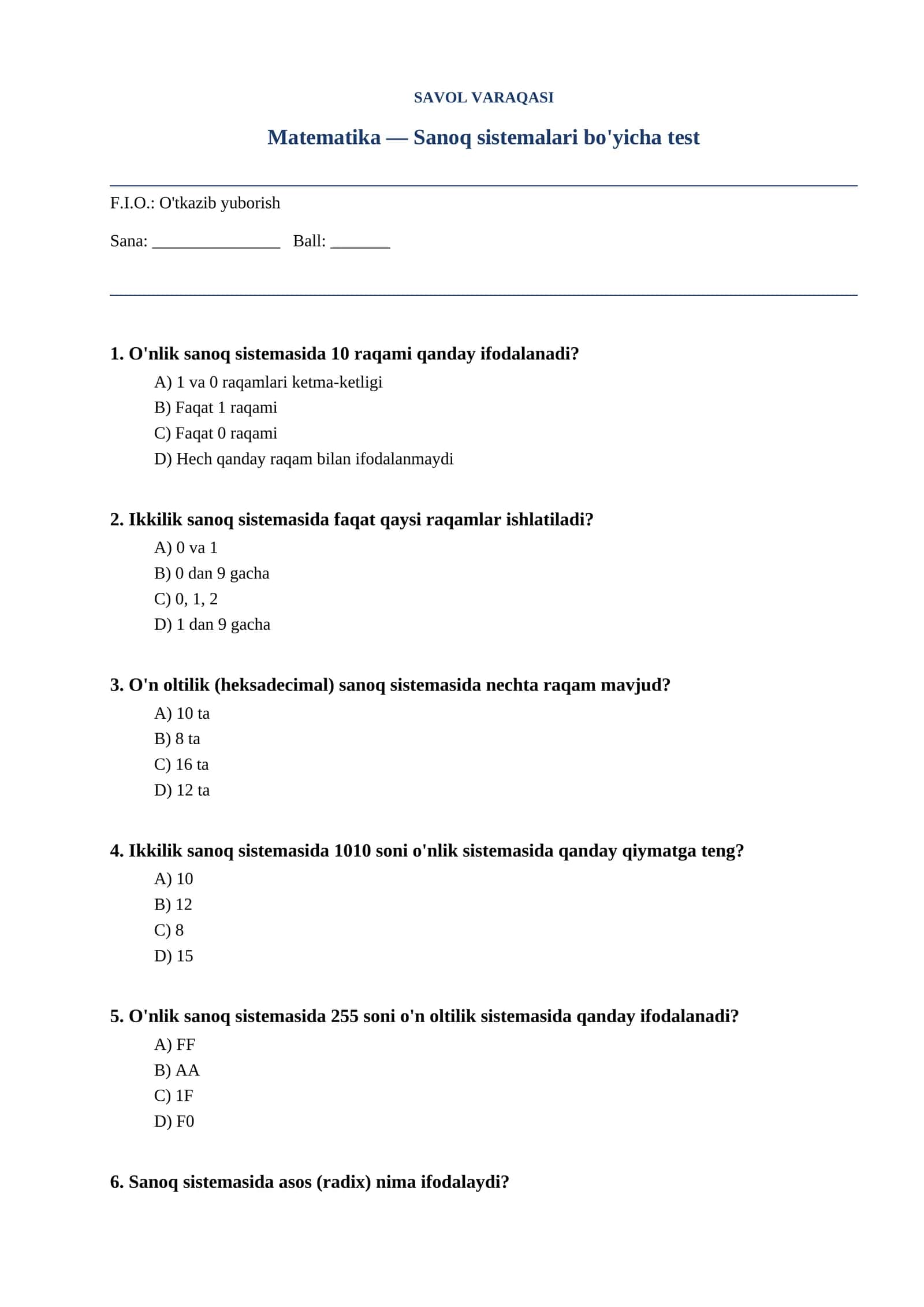 Sanoq sistemalari bo'yicha test 1