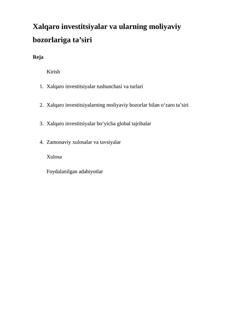 Xalqaro investitsiyalar va ularning moliyaviy bozorlariga ta’siri 1